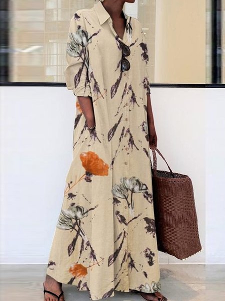 

Albicocca Allentare Casuale Colletto a Camicia Abito, Maxi Dresses