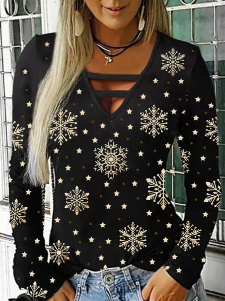 

Snowflake Printed Casual V Neck Shirts & Tops, Black, Tops
