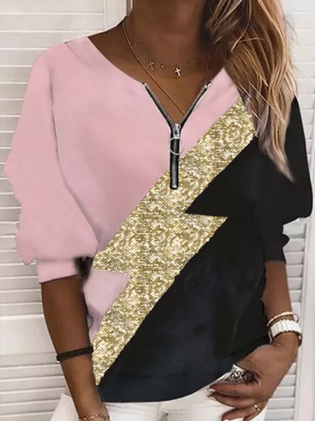 

Simple Leopard Loosen Long Sleeve Tops, Pink, Long sleeve tops