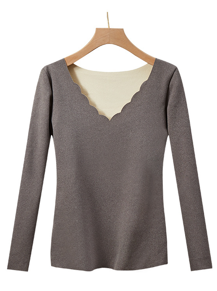 

Warm Casual V Neck Tops, Deep gray, Tops