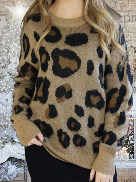 

Long sleeved crew neck retro geometric leopard print warm regular blouse sweater women, Camel, Sweaters