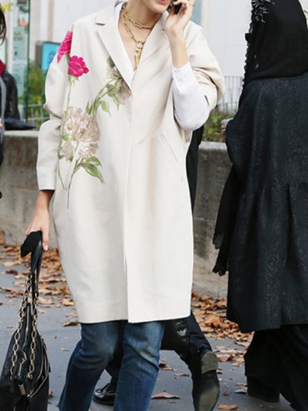 

Lapel Elegant Long sleeve Floral Outerwear, White, Coats