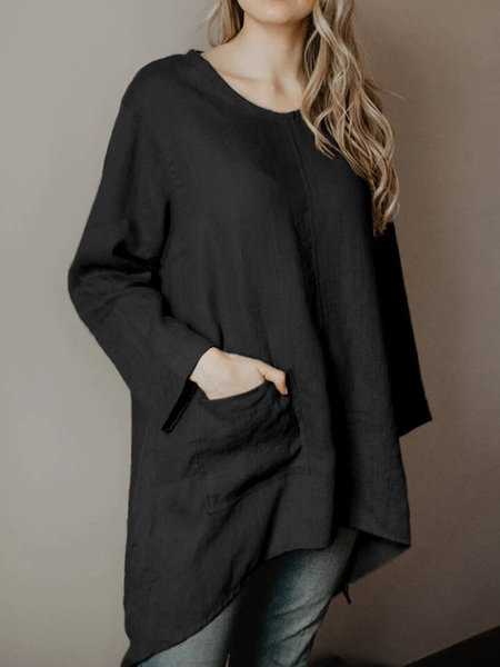

Linen Crew Neck Casual Shirts & Tops, Black, Tops