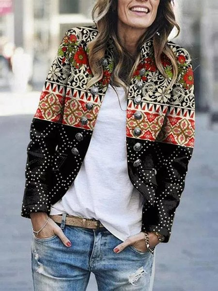 

Winter Fashion Vintage Print Buttons Outerwear, Multicolor, Jackets