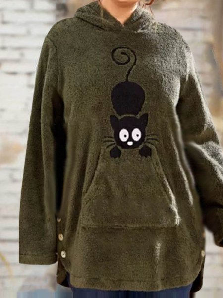 

Cartoon Cute Cat Pattern Hooded Loosen Sweatshirt, Green, Sweatshirts & Hoodies