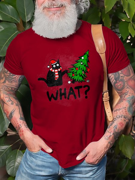 

Christmas Cat Graphic Short Sleeve Casual Tee, Red, T-shirt
