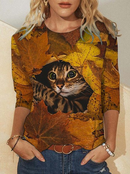 

Fun Cat Print Round Neck Long Sleeve Tops, As picture, Long sleeves