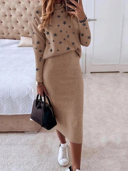 

Elegant Plain Top With Skirt Suit, Brown, Two-piece Set