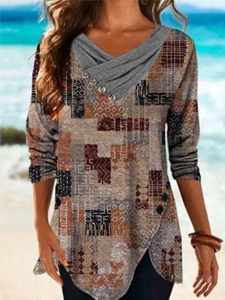

Casual Long Sleeve V Neck Printed Top, Multicolor, Tops