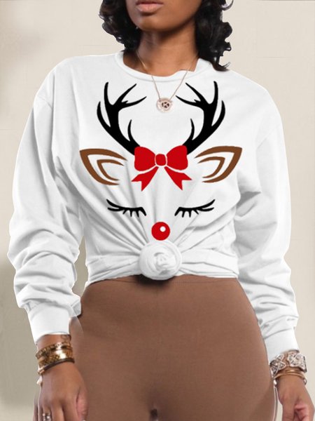 

Round Neck Loosen Casual Shirts & Tops, White, Long sleeve tops