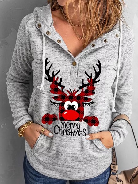 

Hooded Christmas Loosen Sweatshirt, Gray, Hoodies & Sweatshirts