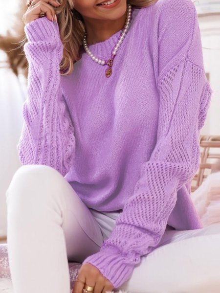 

Romantic Holiday Casual Solid Long Sleeve Round Neck Loose Purple Sweater, Light purple, Sweaters & Cardigans