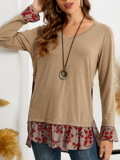 

Loosen Casual Frill Sleeve Floral Shirts & Tops Retro red flower stitching top, Khaki, Tops