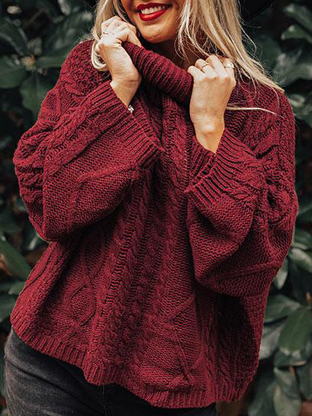 

Long sleeved high neck plain plain patterned twisted Christmas warm top sweater, Wine red, Sweaters