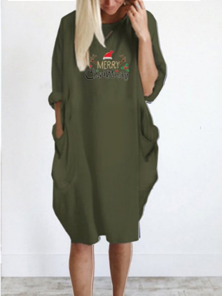 

Scoop Neckline Cartoon Loosen Dresses, Army green, Casual Dresses
