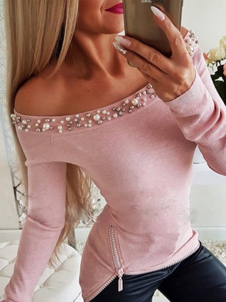 

Daily Solid Off The Shoulder Skinny Top, Pink, Tops