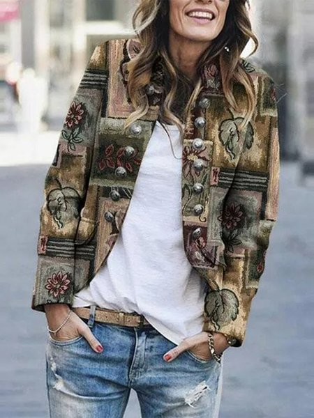 

Winter Fashion Vintage Print Buttons Outerwear, Multicolor, Jackets