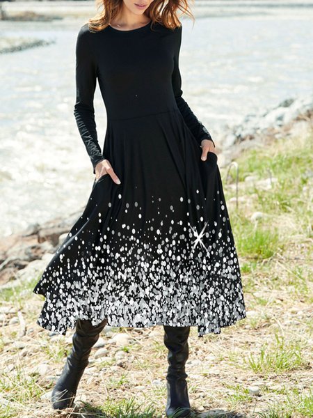 

Printed Casual Vintage Round Neck A-line Dresses, Black, Midi Dresses