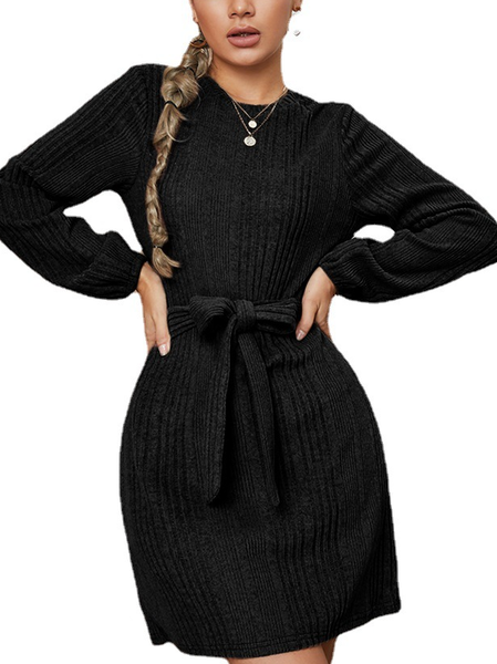 

Casual Crew Neck Dresses With Belt, Black, Mini Dresses