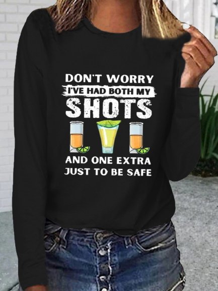 

Letters Printed Long Sleeves Crew Neck Plus Size Casual Tops, Black, T-Shirts