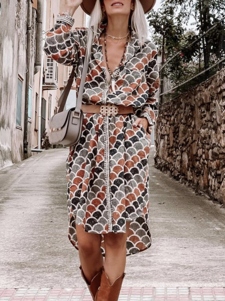 

Shirt Collar Vintage Geometric Dresses Without Belt, Brown, Casual Dresses