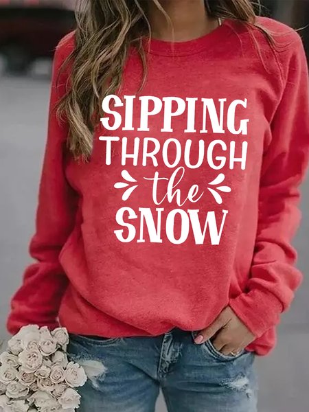 

Sipping Through The Snow Xmas Vibe Casual Letter Sweatshirt, Red, Hoodies&Sweatshirts