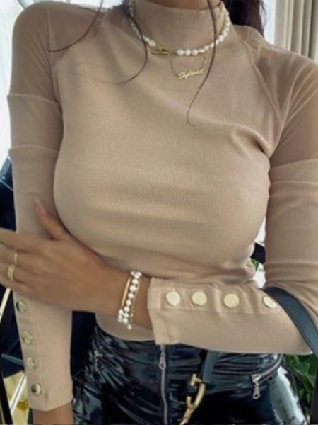 

Stand Collar Slim Fit Solid Top, Apricot, Tops