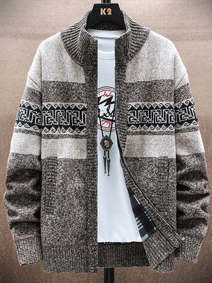 

Men's Color Matching Casual Plus Velvet Thick Sweater Jacket, Coffee, Outerwear