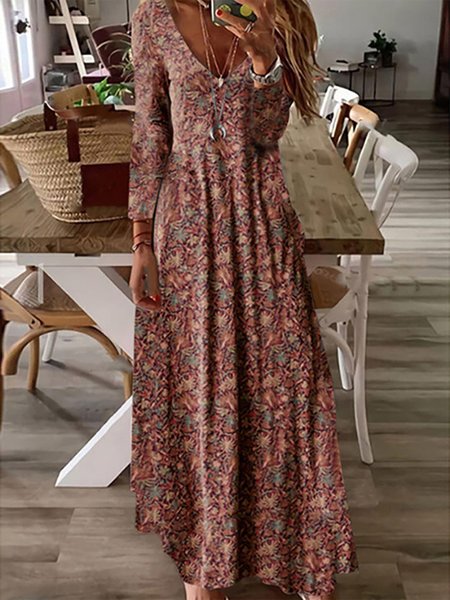 

Vintage Loosen V Neck Long Sleeves Floral Printed Dresses, Red, Maxi Dresses