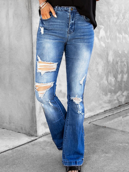 

Solid Denim Long Vintage Pocket Ripped Denim & Jeans, Blue, Pants