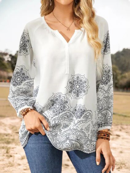 

Boho Tribal Printed Loosen Raglan Sleeve Shirts & Tops, White, Shirts & Blouses