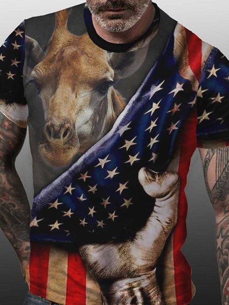 

3D Giraffe Behind In The Flag Crew Neck Casual Shirts & Tops, As picture, T-shirts
