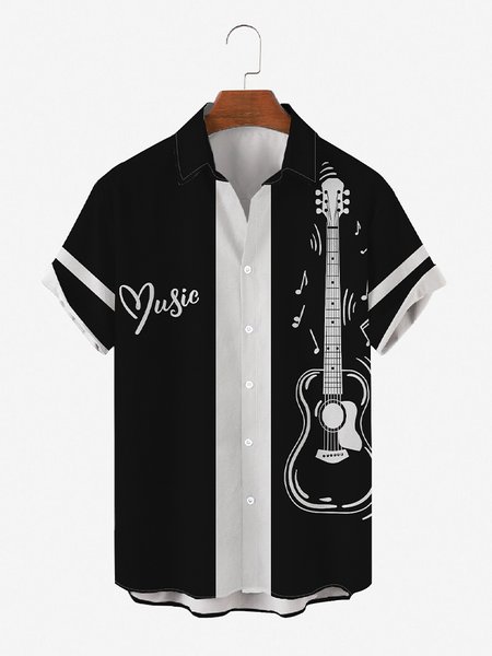 

Mens Music Festival Print Round Hem Loose Short Sleeve Hawaiian Shirts, Black, Shirts ＆ Blouse