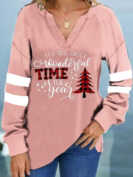 

Letter V Neck Shirts & Tops, Pink, Long sleeves