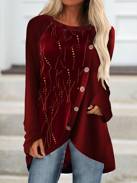 

Loose solid color stitching geometric wave point gradient velvet Korean velvet gorgeous top women, Red, Tunics