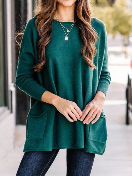 

Casual Solid Color Round Neck Green Pocket Tunic Tops, Tops