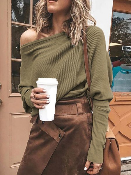 

Solido Asimmetrico Collo Maniche Lunghe costola Top, Verde militare, Blouses & Shirts