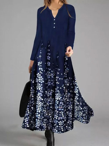 

V Neck Floral Regular Fit Long sleeve Casual Dresses, Blue, Floral Dresses