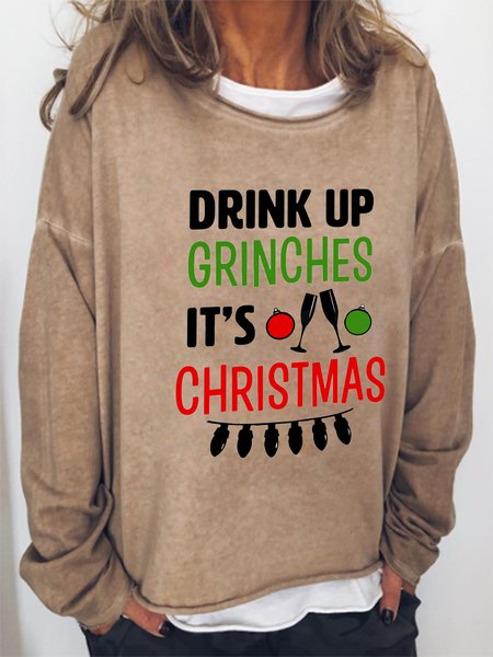 

Christmas text print round neck long-sleeved sweatshirt, Brown, Hoodies&Sweatshirts