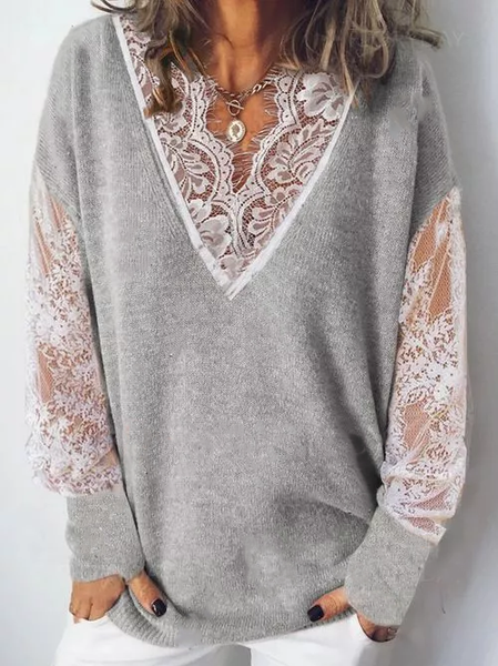 

Lace Loosen Plain Shirts & Tops, Gray, Tops