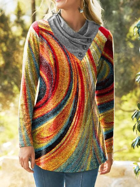 

Geometric Ombre Printed Loosen Casual Cowl neck Shirts & Tops, Multicolor, Tops
