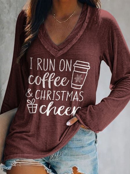 

Christmas Letters Printed Long Sleeves V Neck Plus Size Casual Tops, Red, T-Shirts