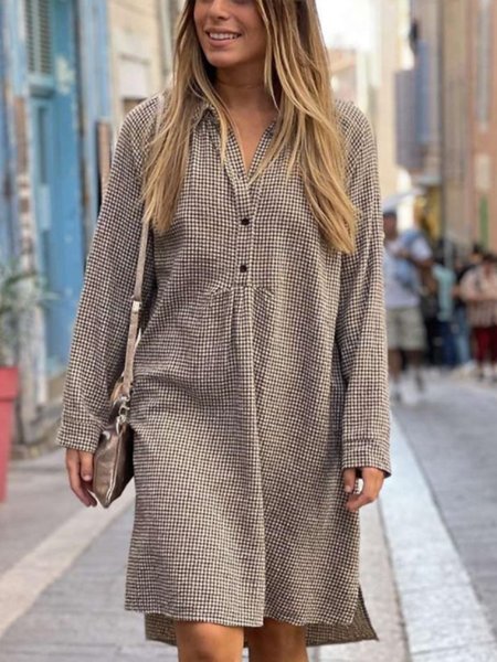 

Lapel Cotton Blends Dresses, Gray-brown, Casual Dresses