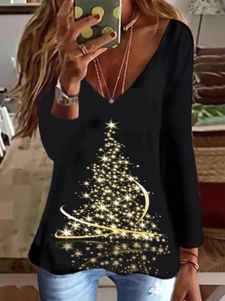 

Splendente Albero di Natale Stampato Maniche Lunghe Scollo a V taglia grande Casuale Top, Nero, T-Shirts
