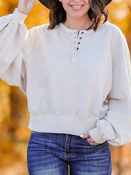 

Casual Bishop Sleeve Crew Neck Sweatshirt（accessory not included）, Off white, Sweatshirts & Hoodies