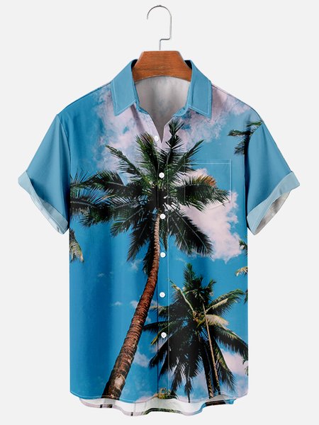 

Mens Coconut Tree Print Casual Breathable Chest Pocket Short Sleeve Hawaiian Shirts, Blue, Men's Floral shirt
