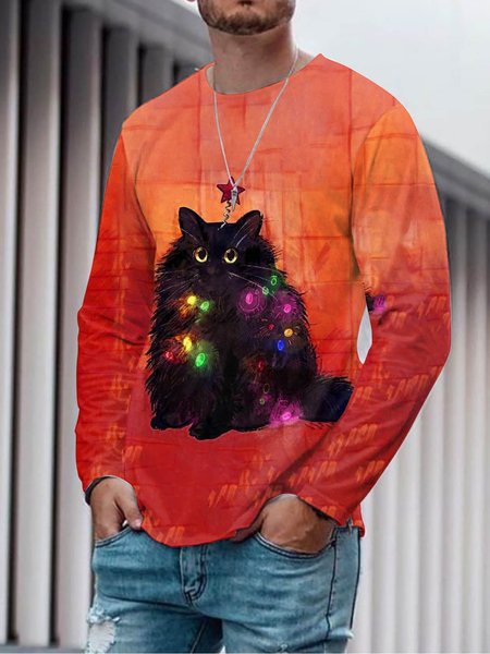 Christmas Cat Graphic Long Sleeve Casual Tee, T-shirt
