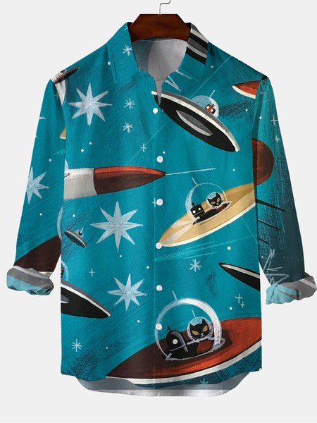 

Cosmic Cat Graphic Long Sleeve Casual Shirt, Blue, Shirt