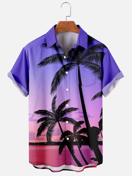 

Mens Coconut Tree Print Casual Breathable Chest Pocket Short Sleeve Hawaiian Shirts, Blue, Shirts ＆ Blouse