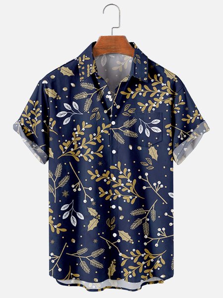 

Shirt Collar Short Sleeve Shirts & Tops, Purplish blue, Men's Floral shirt